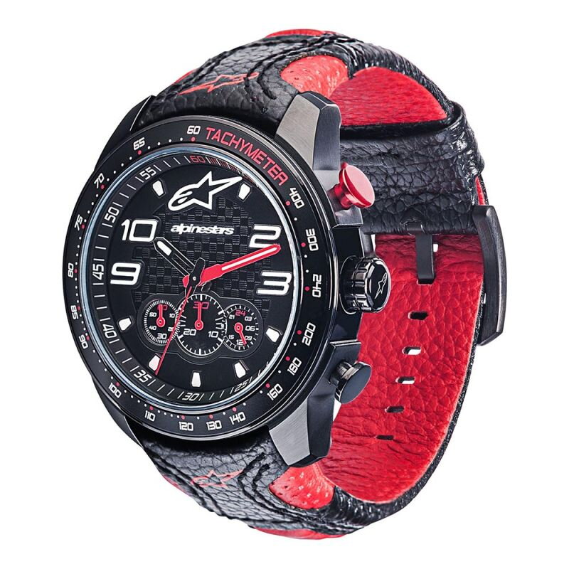 Náramkové hodinky ALPINESTARS Chrono čierno červené kožený náramok Náramkové hodinky ALPINESTARS Chrono čierno červené kožený náramok