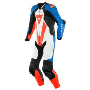 Kožená kombinéza DAINESE Laguna Seca 5 1-dielna perforovaná bielo modro čierno fluo-červená